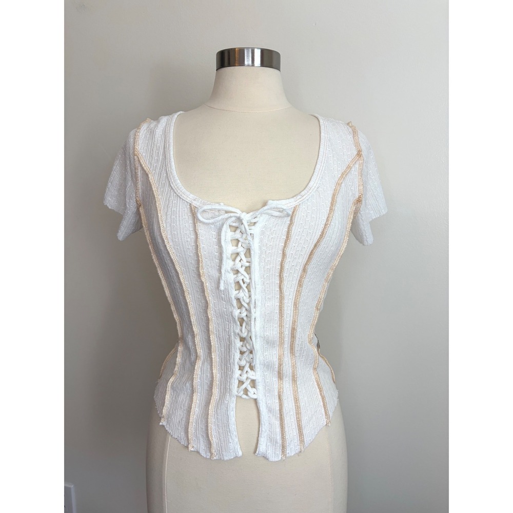 POL White Corset Lace Up Top Tan Exposed Seams Open Knit Short Sleeve Coquette M